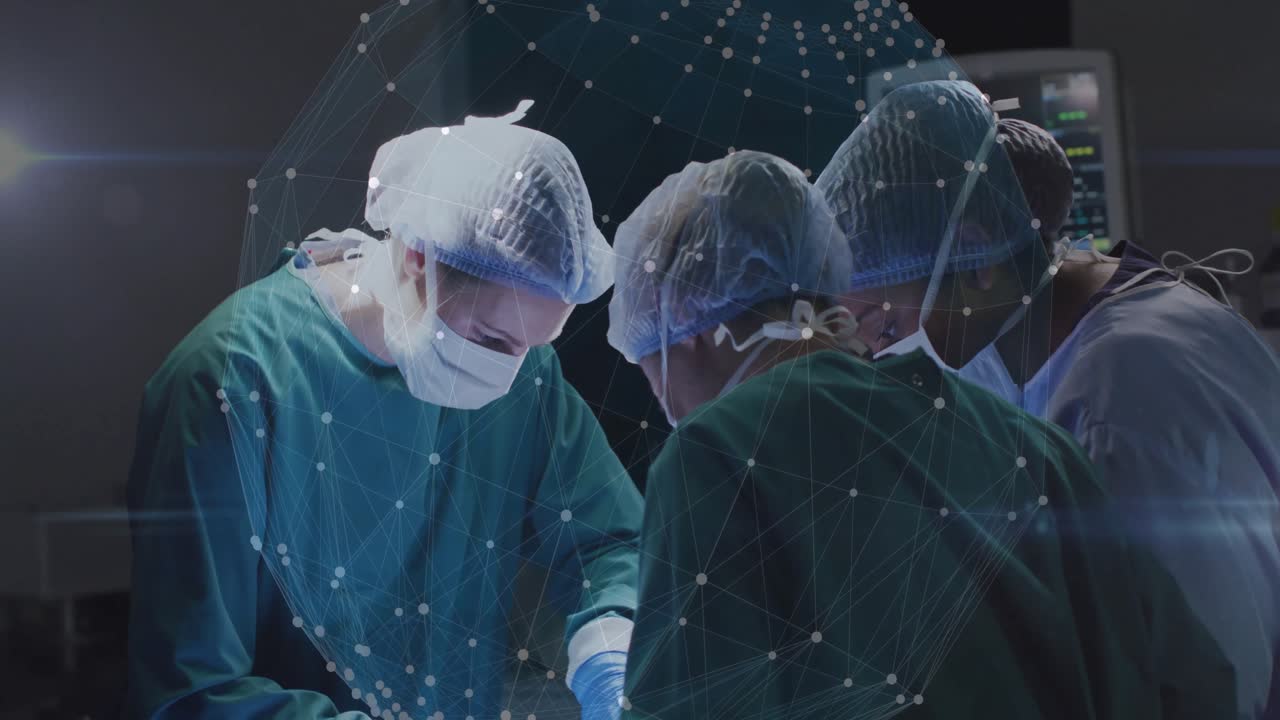 Performing surgery, surgeons with network connections and data processing animation overlay