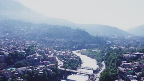 an aerial view of muzaffarabad city nestled between mountains. a winding river flows through the city, with a bridge spanning across it