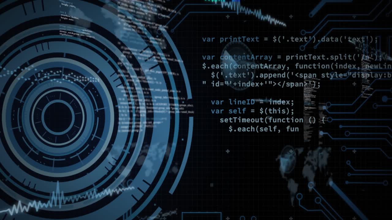 Animation of scope scanning and data processing over globe and dark background