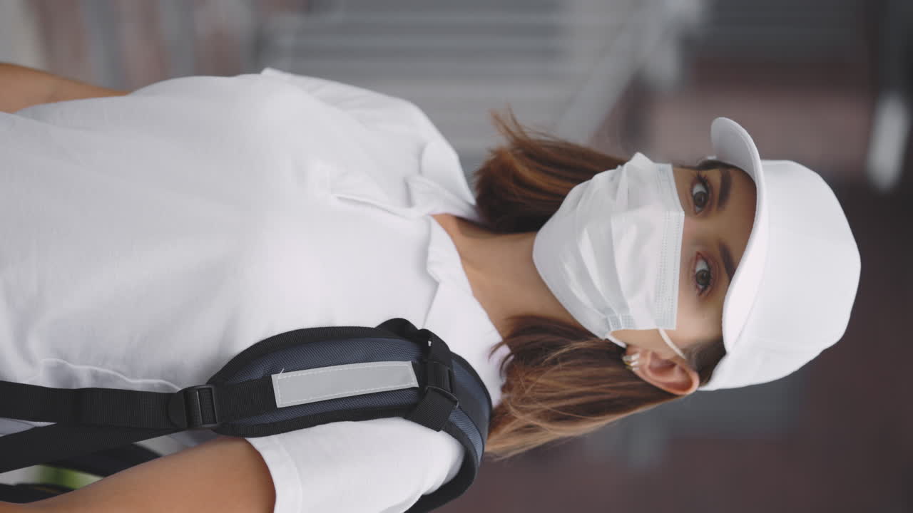 Woman wearing a mask and backpack outdoors