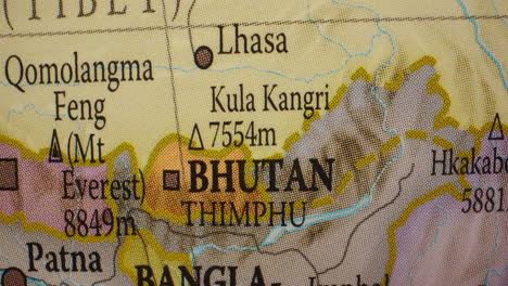close-up of a world map focusing on bhutan and neighboring asian countries