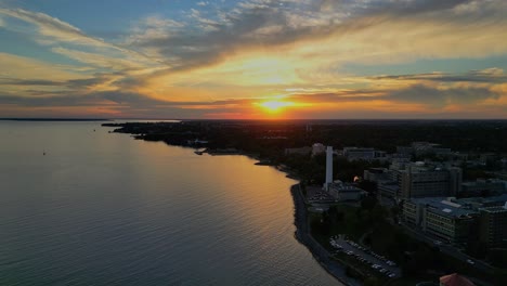 Golden-Glow-Aerial-over-a-calm-lake-during-summer-during-sunset