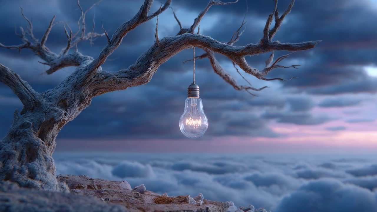 En unik hengende lampe lyser opp et knudrete tre mot en dramatisk, skyet himmel, og skaper en surrealistisk atmosfære over skyene