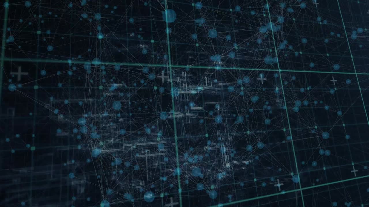 Animation of data processing and network of connections over dark background