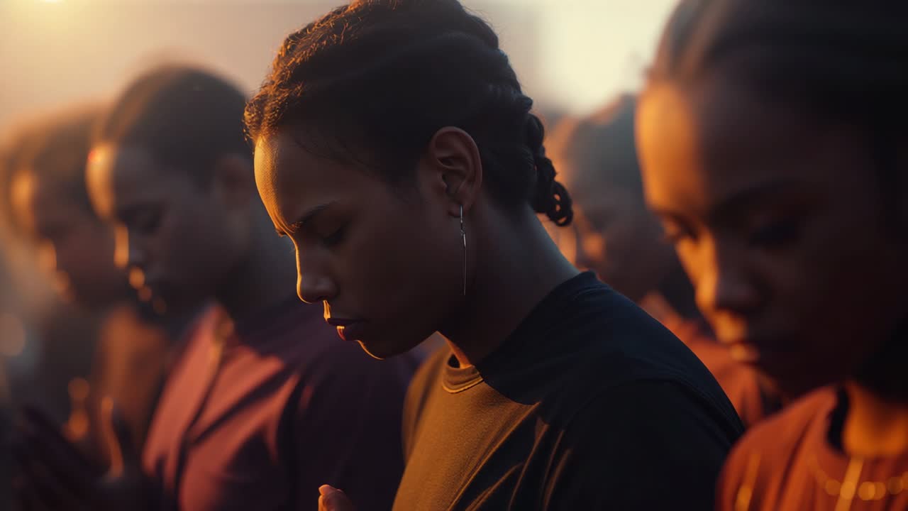 Sunset light bathing trio standing bowed heads and clasped hands in outdoor golden hour, meditation