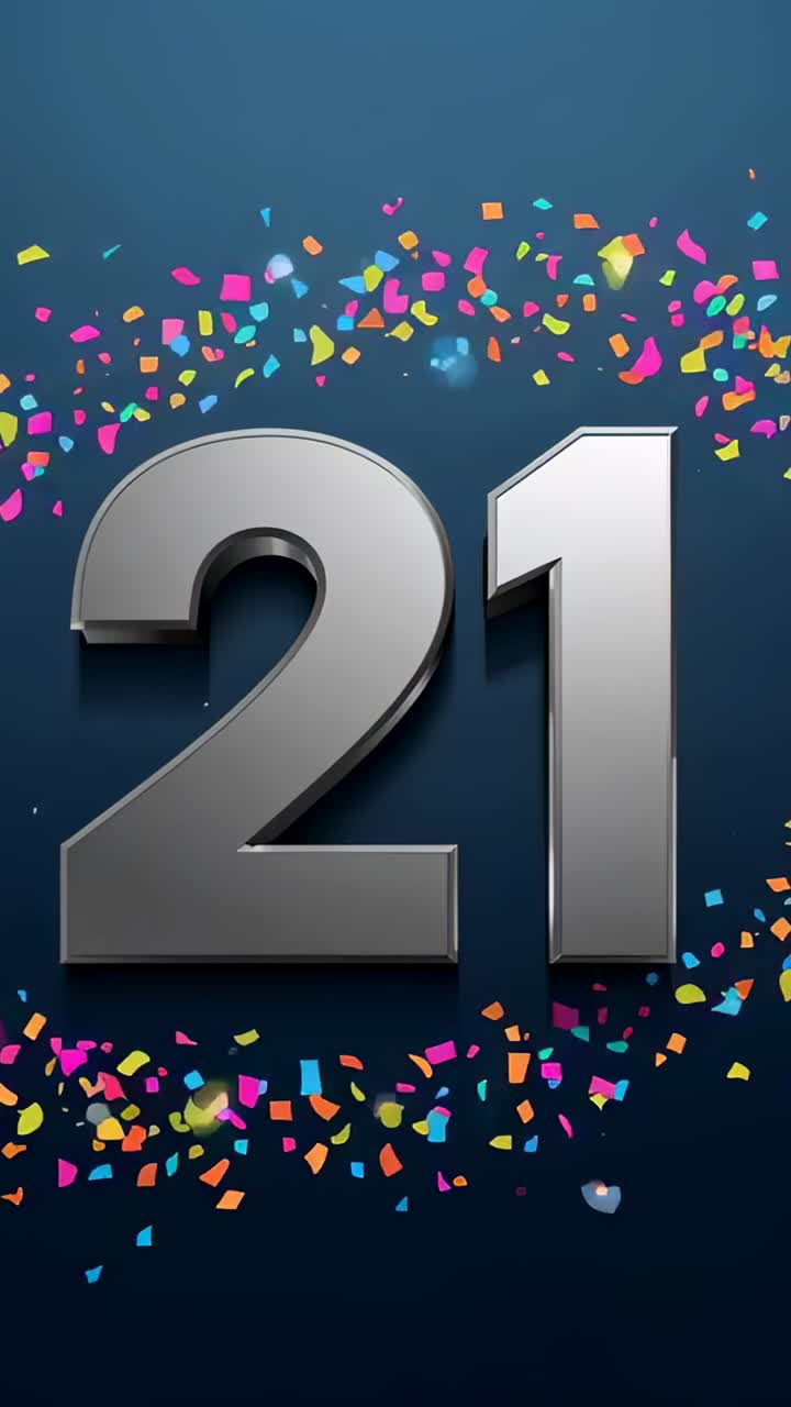 Vertical video: Zooming crop making silver 3D 21 shining on dark blue with confetti for celebration