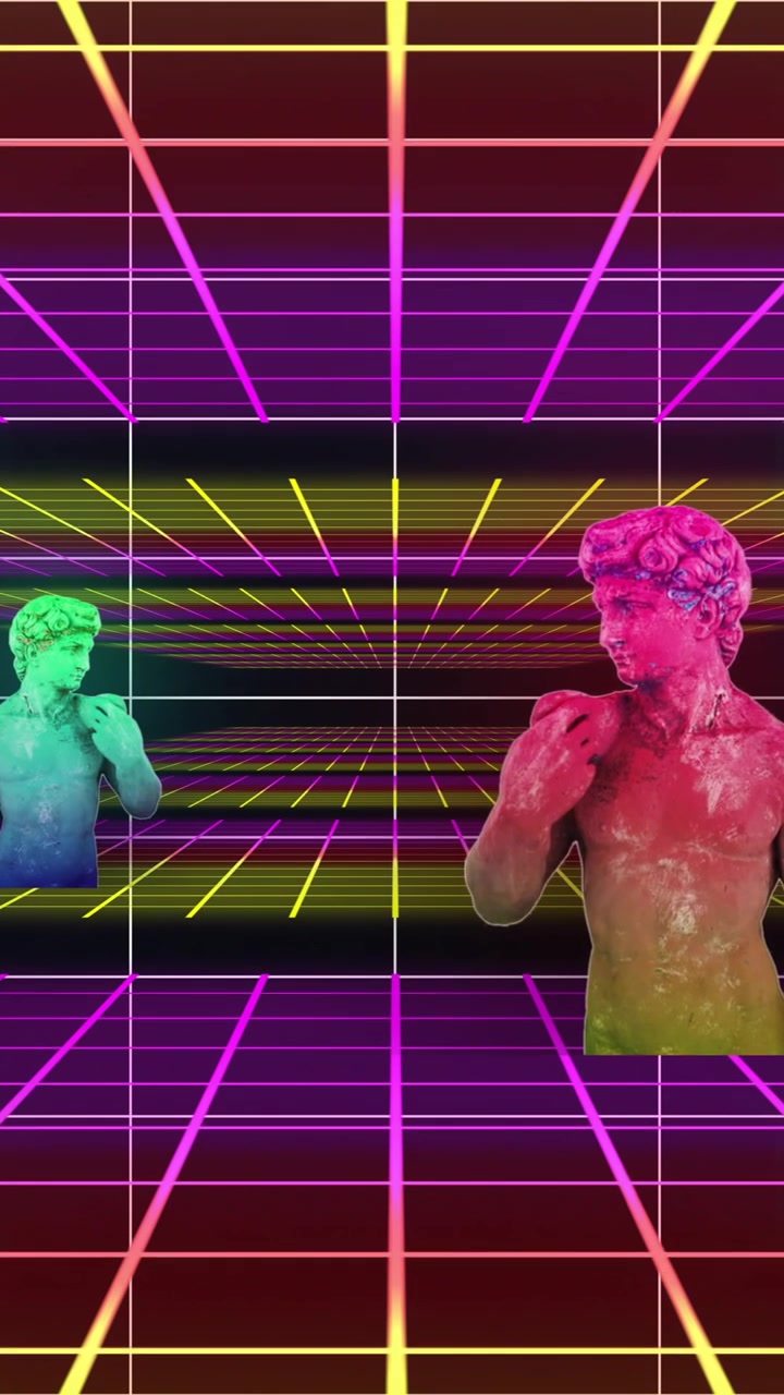 Animazione di statue maschili glitchate multicolori con motivo a griglia su sfondo astratto