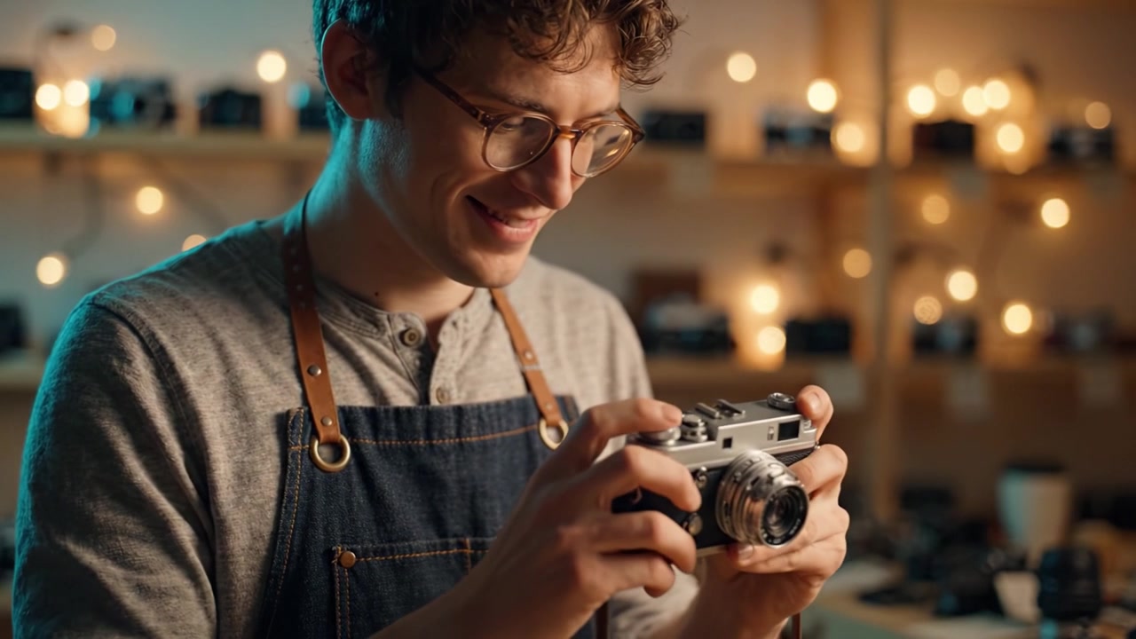 Un fotografo appassionato esamina attentamente una macchina fotografica vintage, mostrando la gioia e la dedizione nel catturare momenti attraverso l'obiettivo in un laboratorio accogliente e illuminato