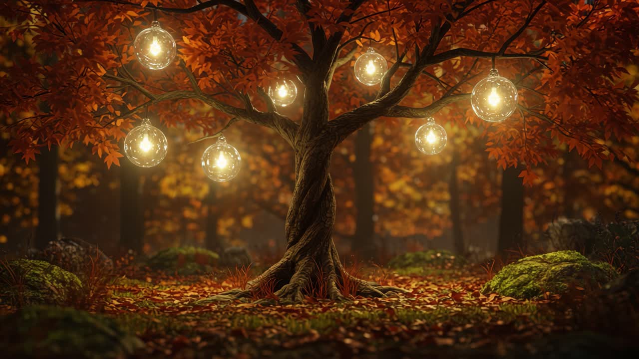 A Majestic Autumn Scene Captured in Two Frames: A Twisting Tree Adorned with Glowing Orbs Under the Warm Hues of Fall Foliage in an Enchanting Forest