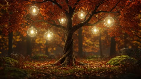 a majestic autumn scene captured in two frames: a twisting tree adorned with glowing orbs under the warm hues of fall foliage in an enchanting forest