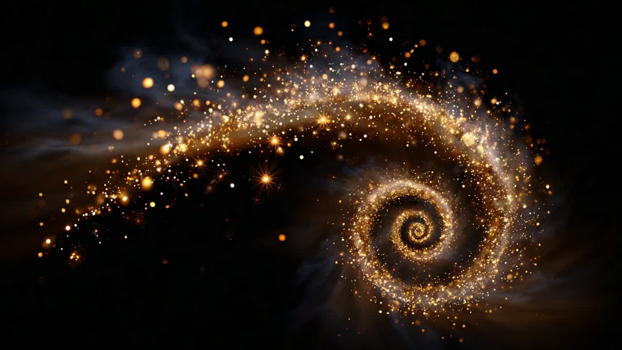 A Stunning Display of Cosmic Elements Unfolds in a Spiraling Galaxy, Where Golden Stars and Exotic Particles Dance in a Beautiful Dark Expanse, Creating an Enchanting Astral Spectacle Like No Other