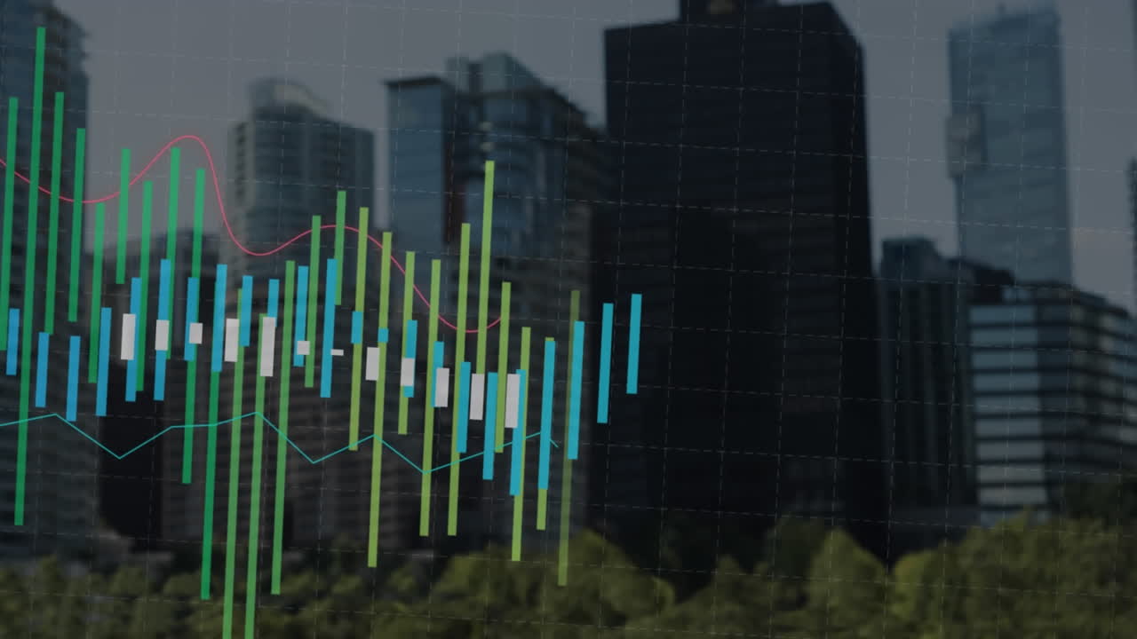 animación de gráficos multicolores y patrón de cuadrícula sobre árboles contra edificios modernos