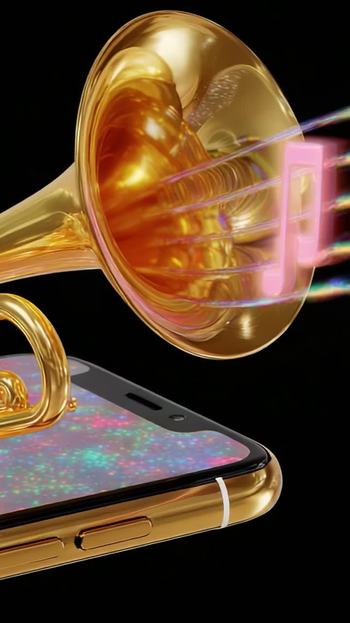 An Elegant Golden Gramophone with Music Notes Emanating from a Smartphone Screen, Celebrating the Harmony of Classic and Modern Sounds in a Captivating Visual Display