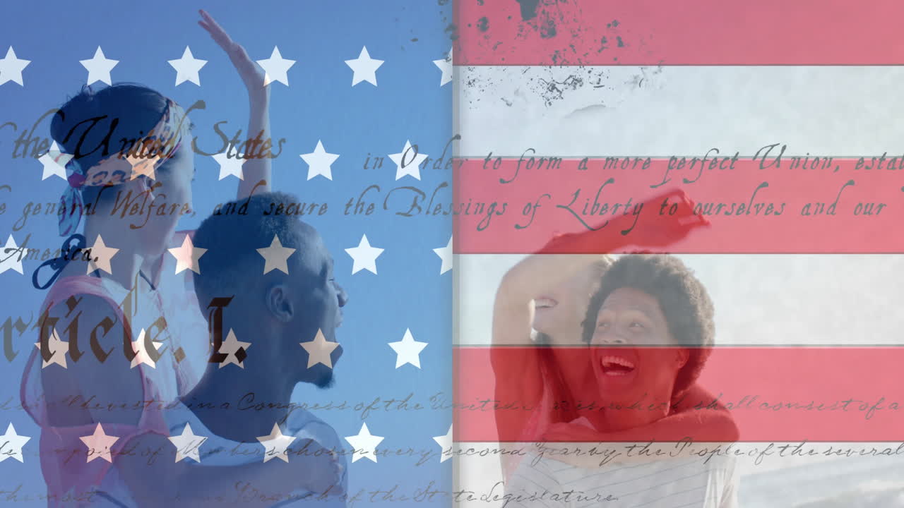 다양한 친구들 위에 텍스트가 있는 미국 발의 애니메이션 해변에서 하이파이빙