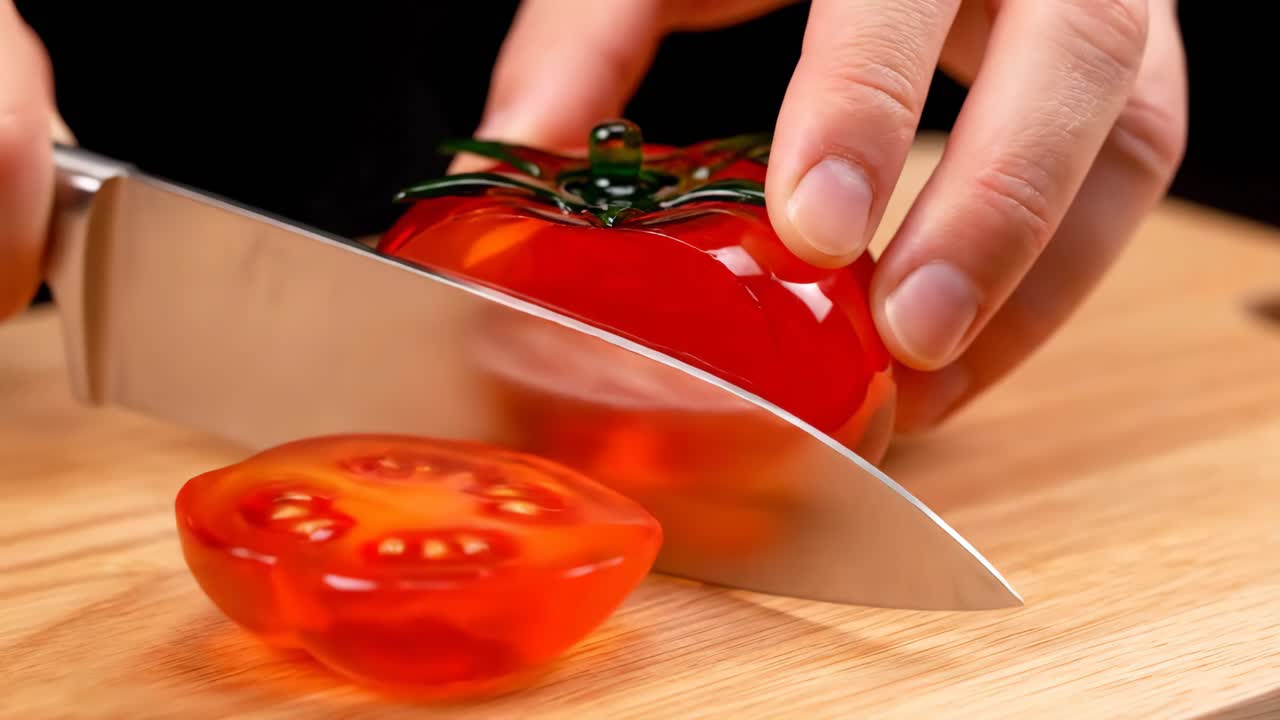 Cutting a tomato jelly dessert