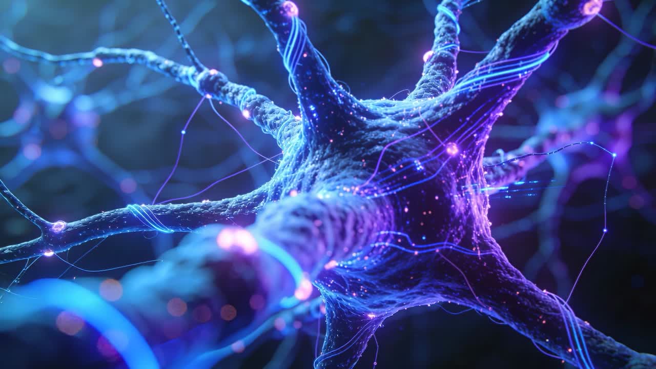 Neuron soma responding to stimulus, sending pulsing particles along axon showing neural signal flow
