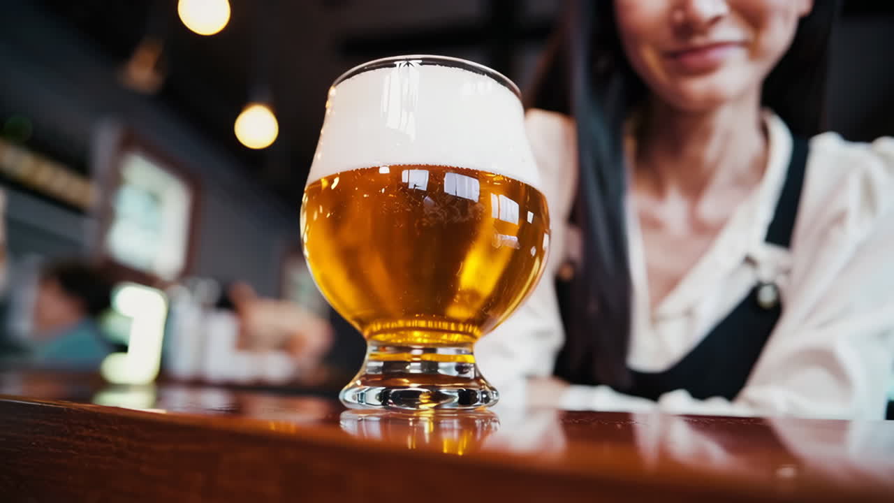 Woman Bartender Serving Beer at a Bar