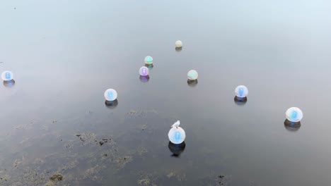 buoys with lights in kinvara bay flash floating on surreal water reflecting grey sky