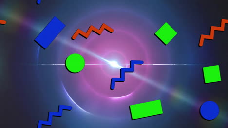 animación de rectángulos, círculos y patrones en zigzag sobre las llamaradas de la lente contra un fondo negro
