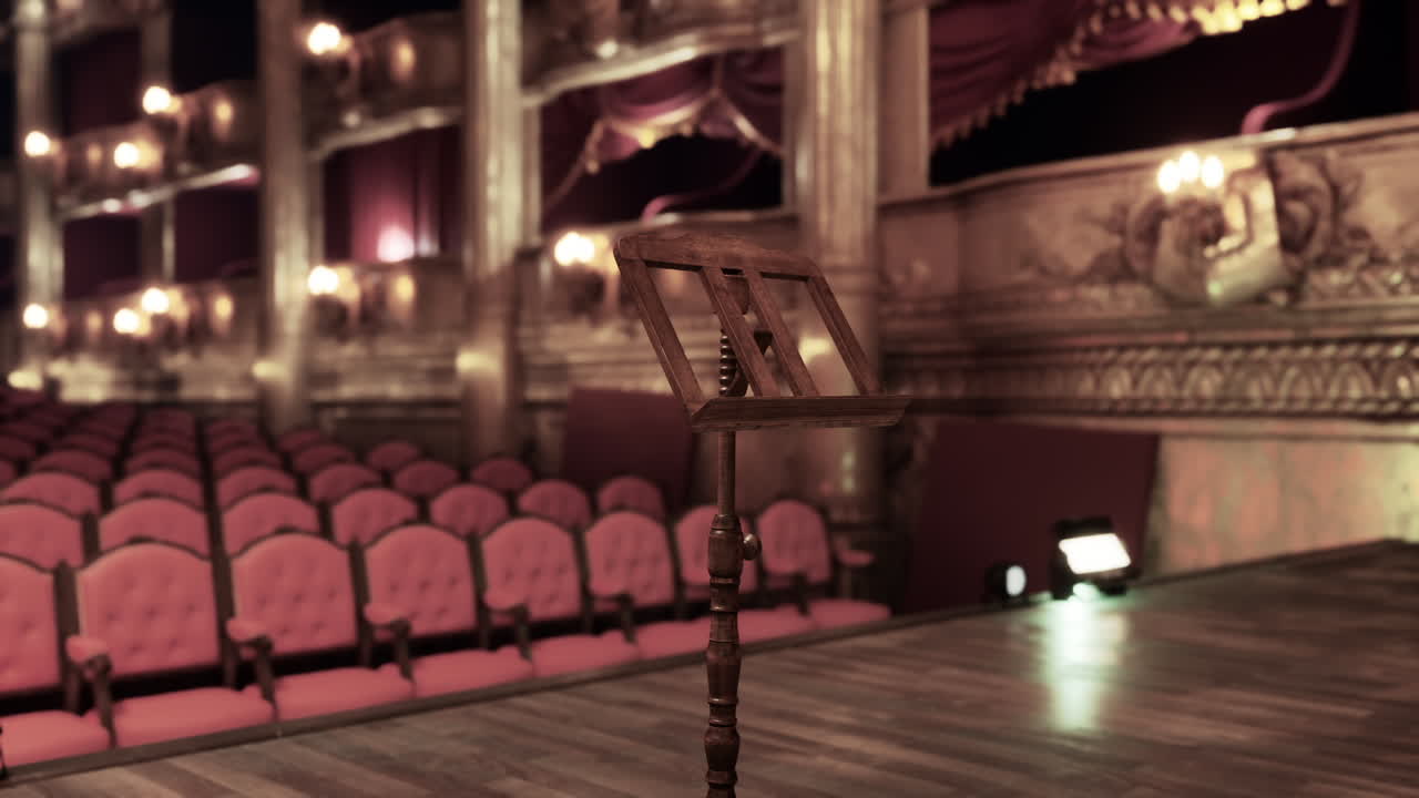 Palco di un vecchio teatro dell'opera con posti a sedere decorati e leggio sotto i riflettori