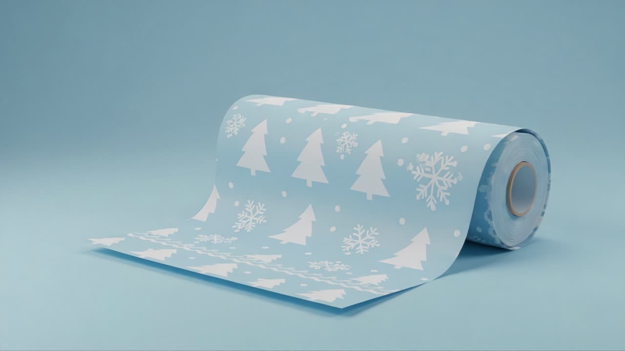 A Roll of Festive Blue Wrapping Paper Featuring Elegant White Snowflakes and Christmas Tree Designs Perfect for Holiday Gift Wrapping and Seasonal Decorations