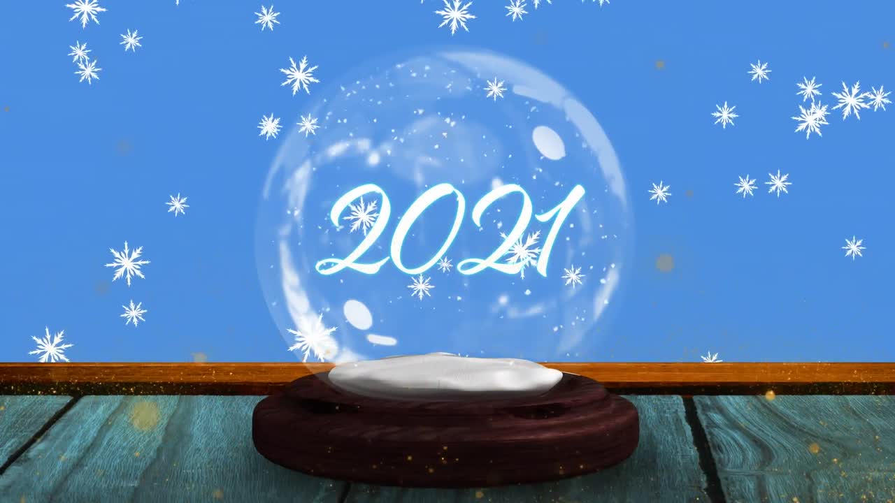 animación de 2021 en globo de nieve en tablas de madera, estrella fugaz y nieve cayendo