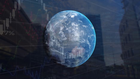 animación del globo y gráficos con números cambiantes, lapso de tiempo personas caminando contra edificios