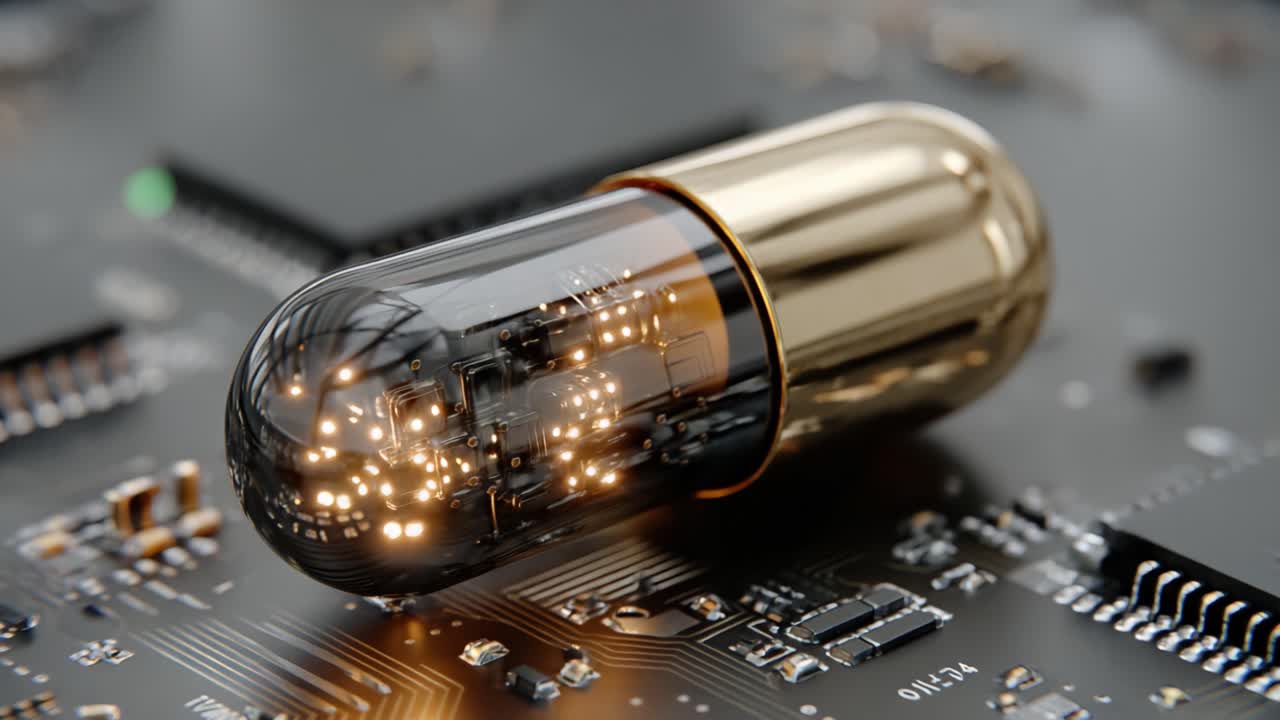 En unik närbild av en innovativ kapsel med inbäddade kretsar och glödande element som vilar på en kretskortsbakgrund, och visar upp avancerad teknologi.