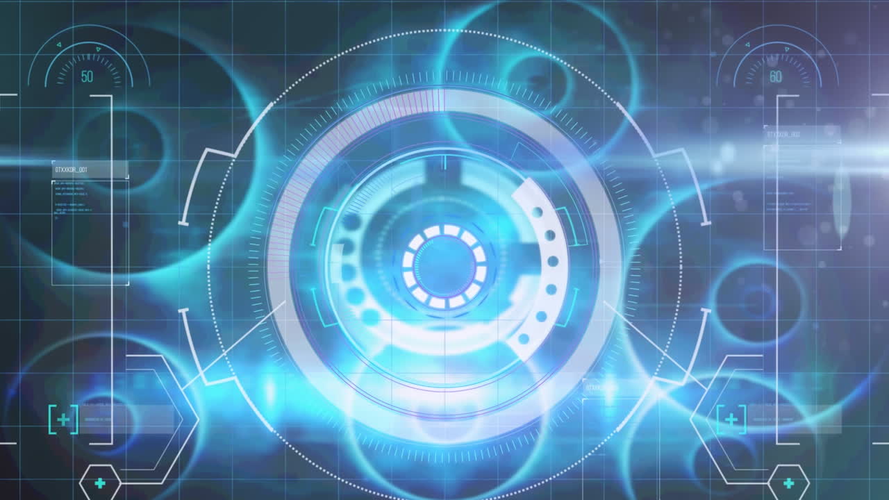 네온 라운드 스캐너의 디지털 애니메이션과 파란색 배경에 대한 데이터 처리