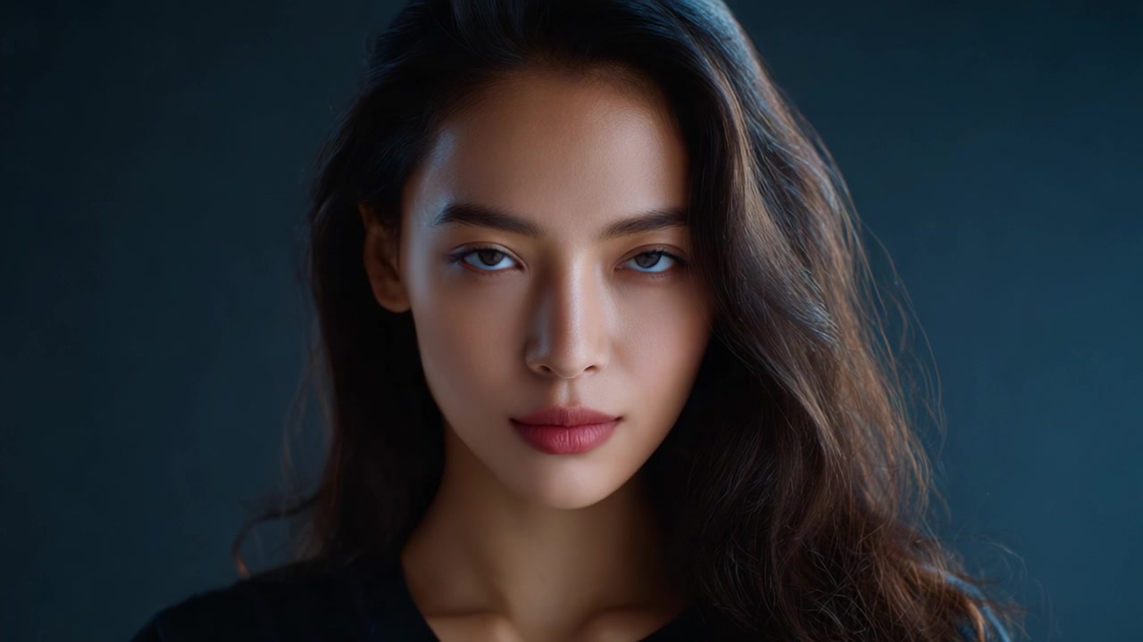 Un Primo Piano di una Giovane Donna con Lineamenti Marcati e Capelli Lunghi, su uno Sfondo Scuro, che Enfatizza il suo Sguardo Intenso e la sua Bellezza Naturale
