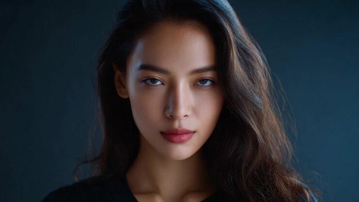 Un Primo Piano di una Giovane Donna con Lineamenti Marcati e Capelli Lunghi, su uno Sfondo Scuro, che Enfatizza il suo Sguardo Intenso e la sua Bellezza Naturale