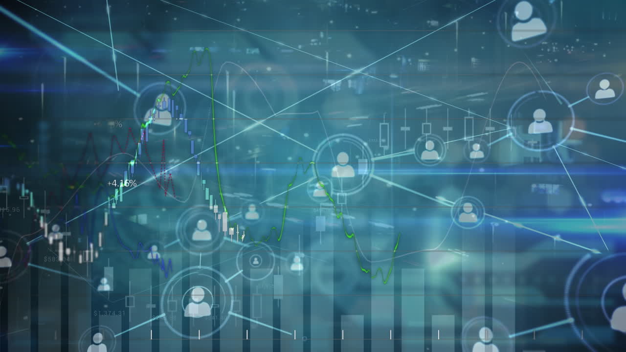Animation of network of connections with icons over diverse data on screen