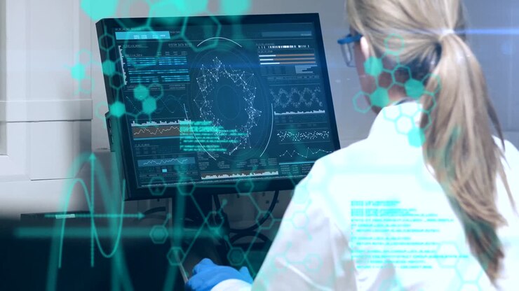 Mathematical equations over woman working on computer in lab.