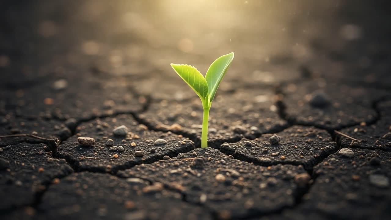 Una piantina resiliente emerge dal terreno arido, simboleggiando speranza e rinnovamento in un paesaggio arido sotto il calore della luce del sole, mostrando la capacità della natura di prosperare.