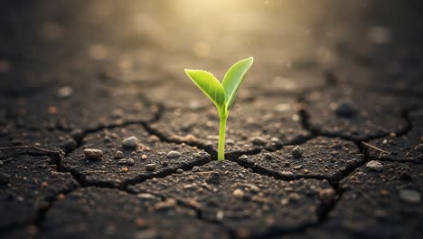 a resilient seedling emerges from barren soil, symbolizing hope and renewal in an arid landscape under the warmth of the sun's light, showcasing nature's ability to thrive