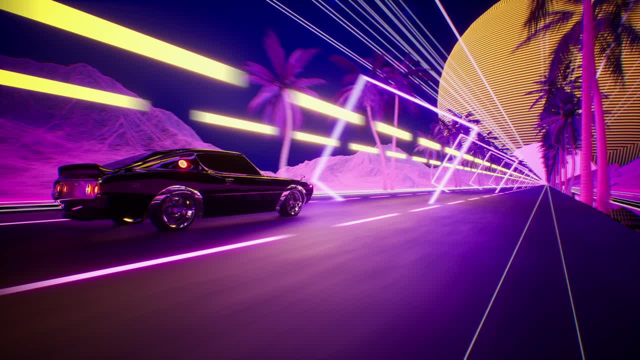 Car And City In Neon Style. 80S Retro Wave Background 3D Animation. Retro Futuristic Car Drive Through Neon City