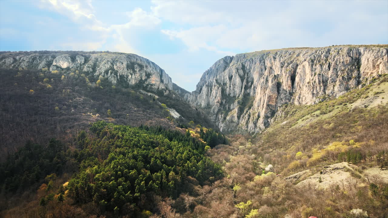 Vista aérea de drone de um cânion rochoso na Romênia. Penhascos rochosos com vegetação esparsa