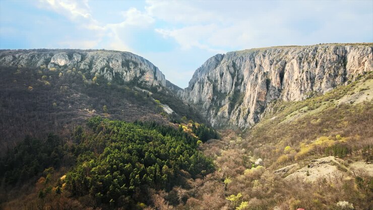 Vista aérea de drone de um cânion rochoso na Romênia. Penhascos rochosos com vegetação esparsa