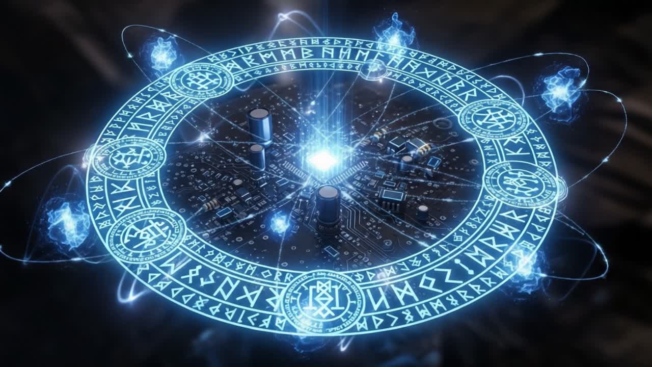 A Stunning Digital Rendering of a High-Tech Circuit Board Surrounded by Glowing Mystical Symbols and Energetic Pulses, Blending Science and Fantasy Elements Together