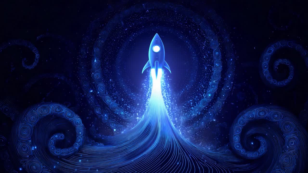 Luminous animated spaceship journeying through a cosmic galaxy of swirling nebulas and glowing stardust. Deep blue background representing the universe, innovation, and futuristic adventures