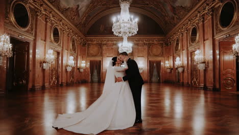 romantic wedding kiss in an elegant ballroom