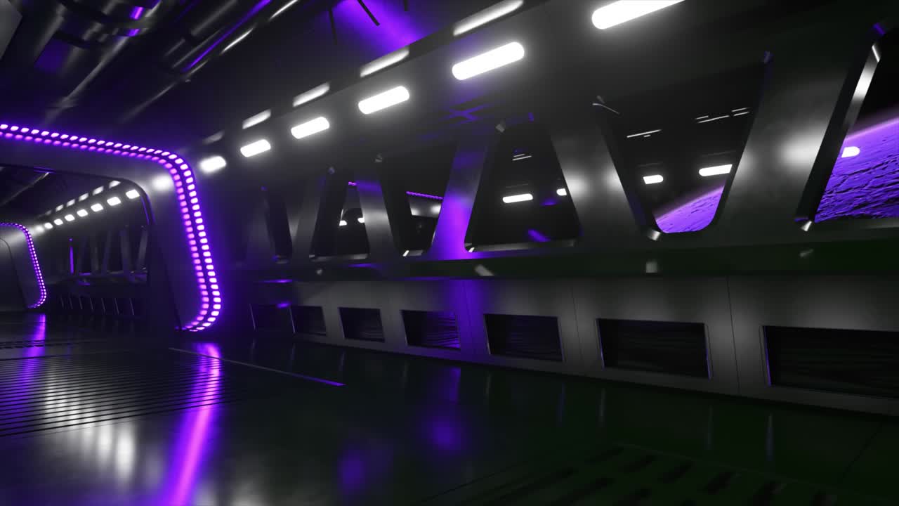 Sci-fi tunnel in outer space with neon light. Planet Mars outside the window of the spaceship. Space technology concept. 3d animation of a seamless loop