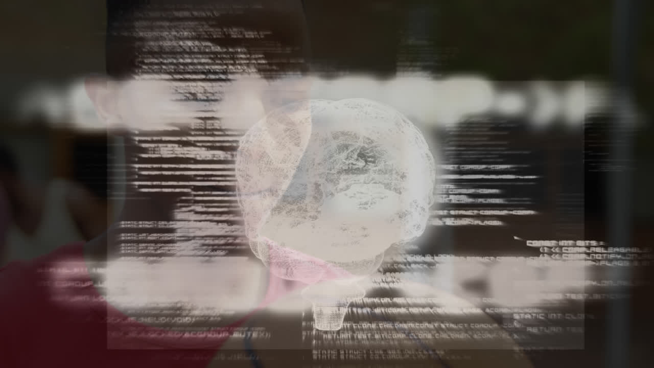 공을 가진 농구 선수에 대한 인간의 뇌 회전과 데이터 처리의 애니메이션