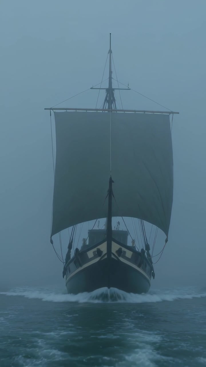 Video verticale: Vento che gonfia una vela quadra, nave che si avvicina attraverso la nebbia in mare, equipaggio in cappotti scuri.