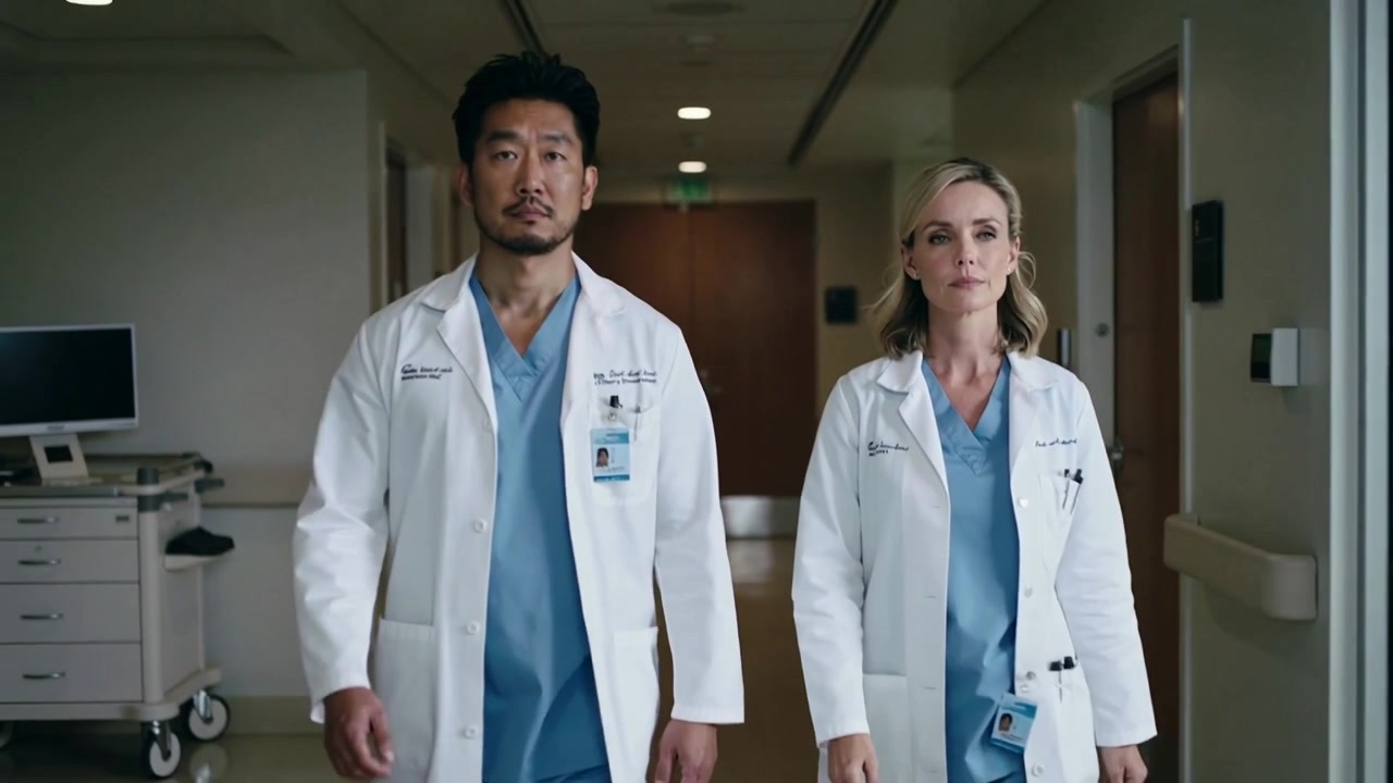 Walking two doctors moving down hospital corridor, wearing white coats blue scrubs and ID badges