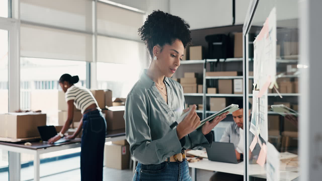 Businesswoman Using Tablet and Planning on Glass Board in Modern Office