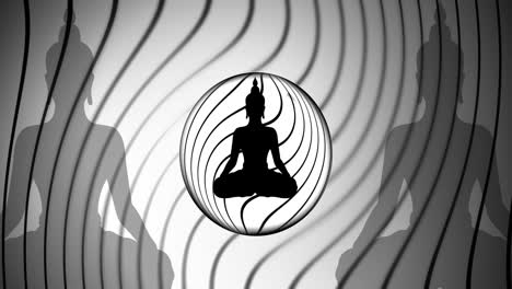 animation of buddha figure meditating over black lines and circles on grey background