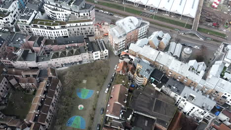 aerial top down shot of st.paulus cathedral church and residential area beside river