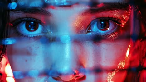 a close up of a woman's face behind a wire fence