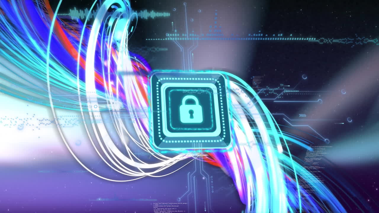 Animation of digital data processing and padlock on dark background